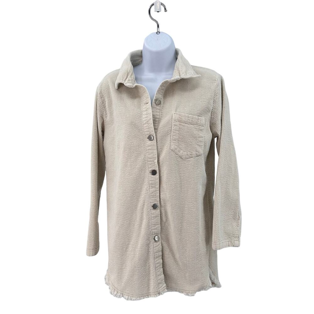Elan Off White Corduroy Shirt Jacket Womens M Button Up Raw Edge Hem Long Sleeve
